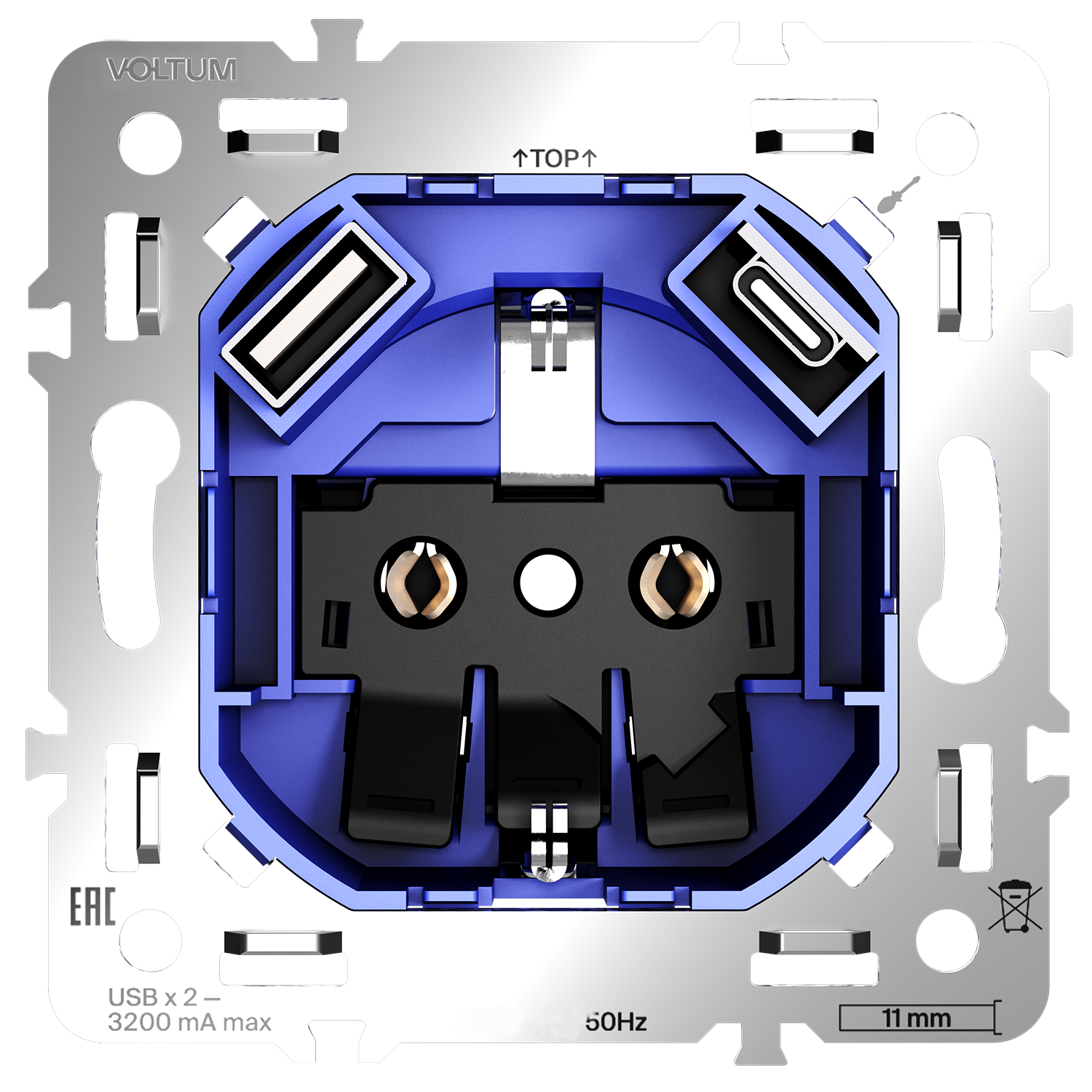 Механизм розетки с заземлением и защитными шторками 16А, с USB A+C, S70 Voltum S70 VLS0405M,