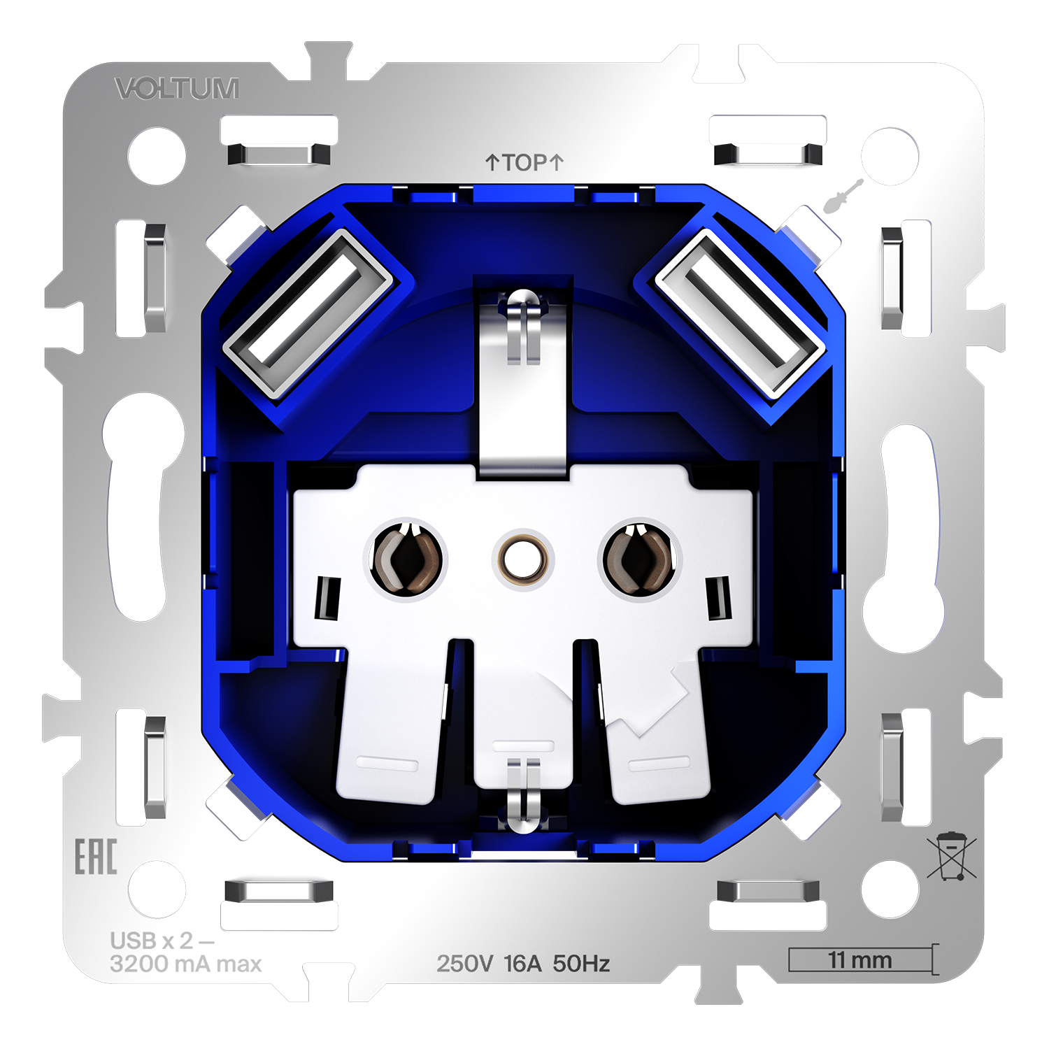 Механизм розетки с заземлением и защитными шторками 16А, с USB A+A, S70 Voltum S70 VLS0404M, Металл