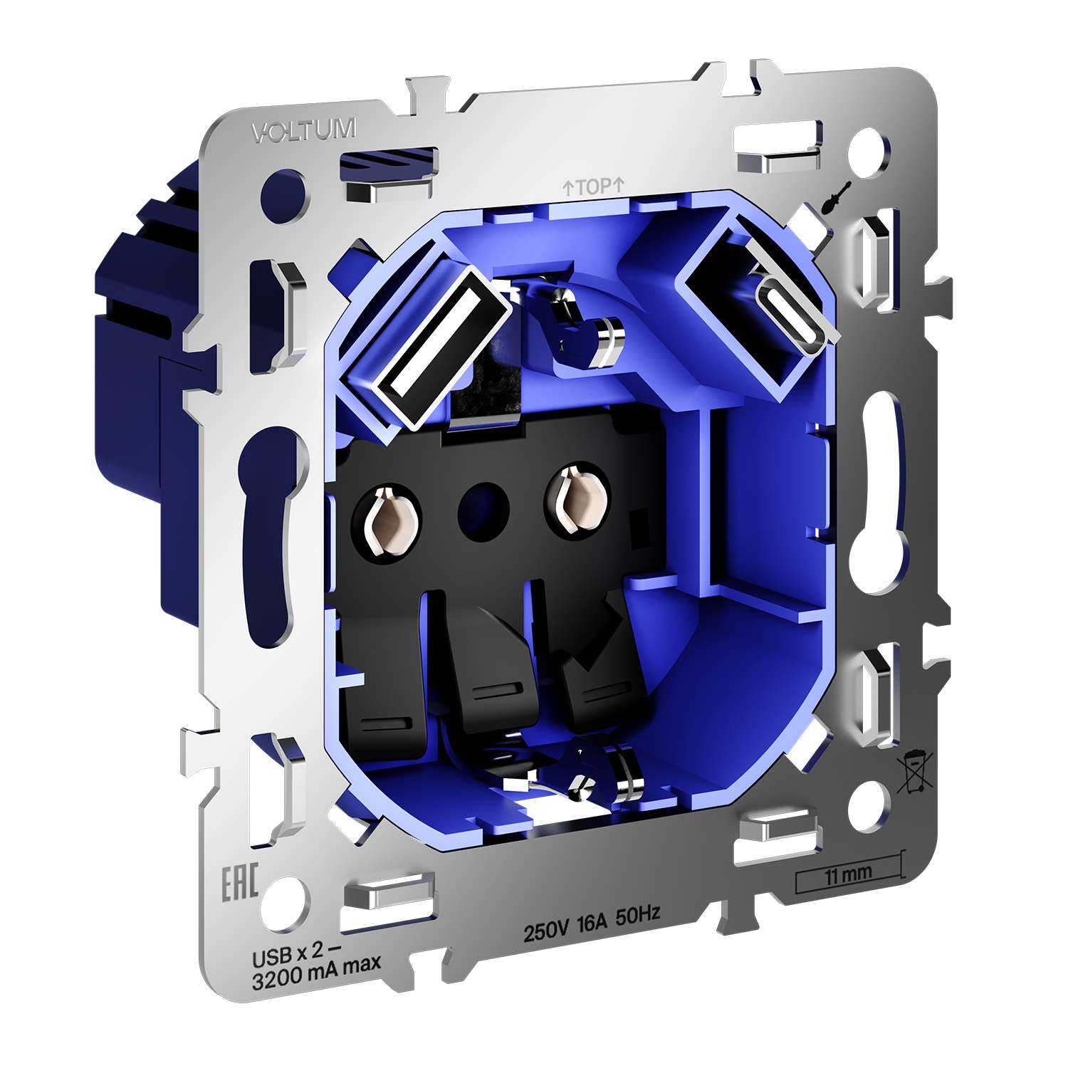 Механизм розетки с заземлением и защитными шторками 16А, с USB A+C, S70 Voltum S70 VLS0405M,