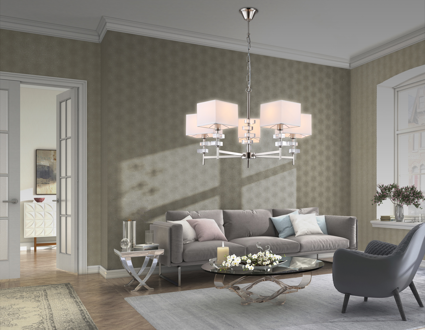 Подвесная люстра с абажурами **85- см, 5*E14*40W, K, Ambrella Light High Light LH71321, никель