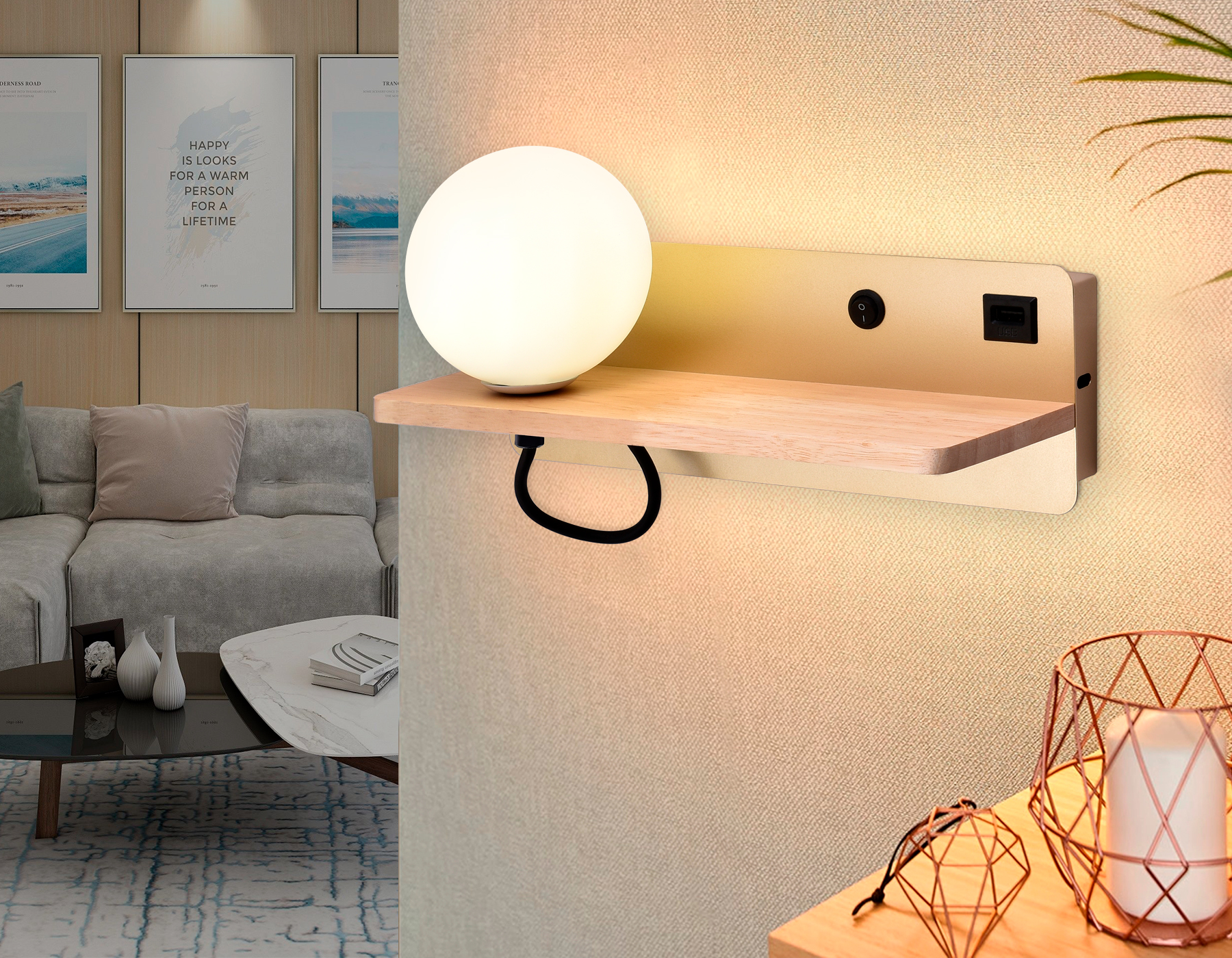 Бра с выключателем, USB портом и полкой 28*10*12,5- см, 1*G9*40W, 4200K, Ambrella Light Wallers FW520, золото