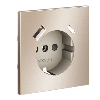 Накладка для розетки с заземлением и защитными шторками, с USB A+C, S70 Metal, платина Voltum VLSM001010